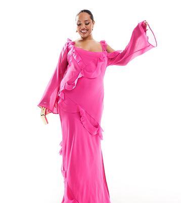 ASOS DESIGN Curve exclusive asymmetric sleeve maxi dress with distressed ruffle detail in pink