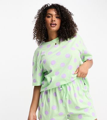 ASOS DESIGN Curve Exclusive dot oversized tee & shorts pajama set in mint-Green
