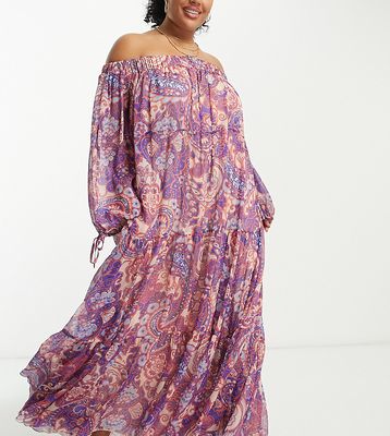 ASOS DESIGN Curve exclusive off shoulder maxi dress in metallic paisley floral print-Multi