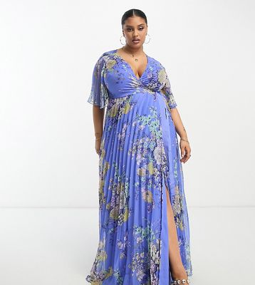 ASOS DESIGN Curve exclusive pleated maxi dress with kimono sleeve and tie waist in blue floral print-Multi