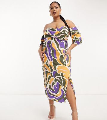 ASOS DESIGN Curve Exclusive pleated off shoulder midi dress with wrap bust in abstract print-Multi