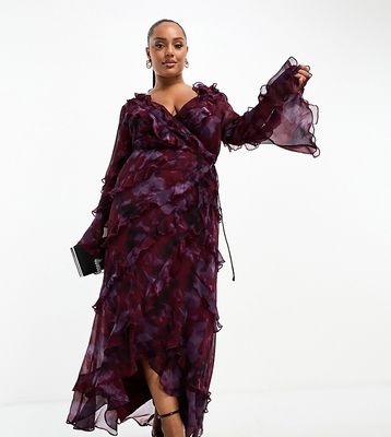 ASOS DESIGN Curve exclusive ruffle high-low hem midi dress in blurred floral print-Multi