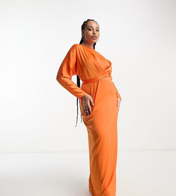 ASOS DESIGN Curve exclusive satin maxi dress with batwing sleeve and wrap waist in hot orange