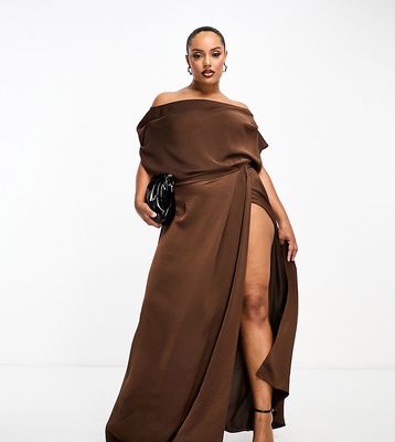 ASOS DESIGN Curve exclusive satin off shoulder high split maxi dress in chocolate-Brown