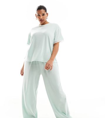 ASOS DESIGN Curve Exclusive waffle & lace tee & pants pajama set in green