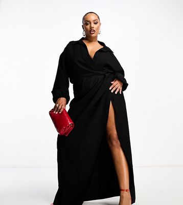ASOS DESIGN Curve exclusive washed balloon sleeve maxi dress with high split in black