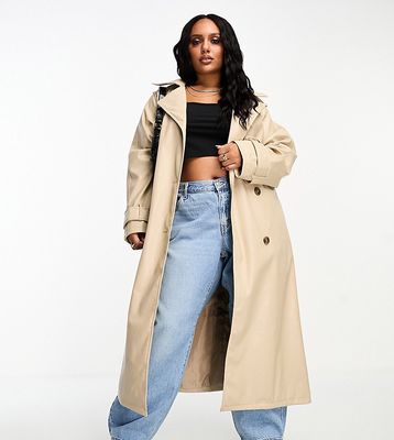 ASOS DESIGN Curve faux leather trench coat in stone-Neutral