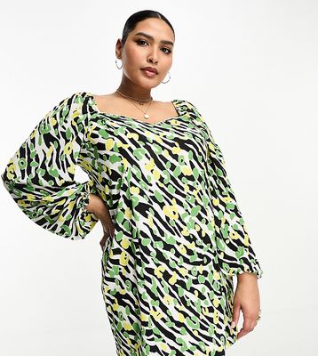 ASOS DESIGN Curve flared sleeve mini tea dress in abstract zebra print-Multi