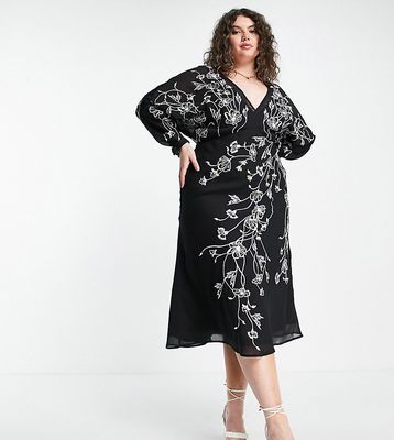 ASOS DESIGN Curve floral embroidered batwing midi dress in black