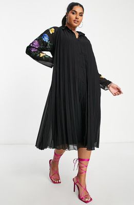 ASOS DESIGN Curve Floral Pleated Long Sleeve Midi Shirtdress in Black