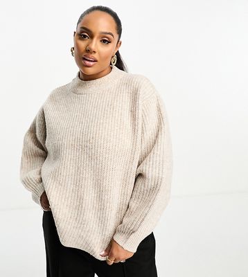 ASOS DESIGN Curve fluffy rib sweater with crew neck in oatmeal-Neutral