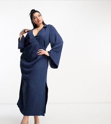 ASOS DESIGN Curve flute sleeve collared wrap midi dress with gathers in blue-Navy