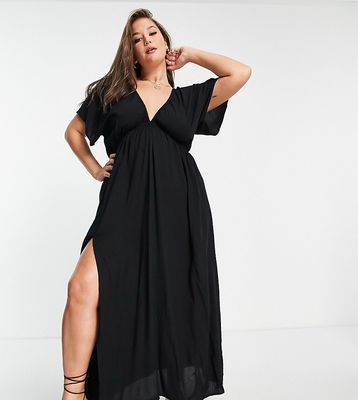 ASOS DESIGN Curve flutter sleeve maxi beach dress in black