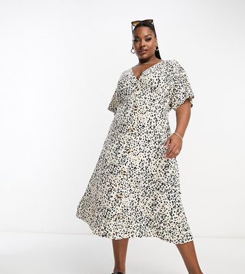 ASOS DESIGN Curve flutter sleeve midi tea dress with buttons in leopard print-Multi