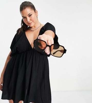 ASOS DESIGN Curve flutter sleeve mini beach dress in black
