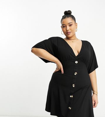 ASOS DESIGN Curve flutter sleeve mini tea dress with buttons in black