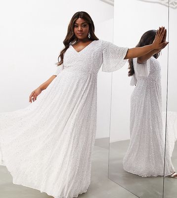 ASOS DESIGN Curve flutter sleeve sequin maxi wedding dress-White