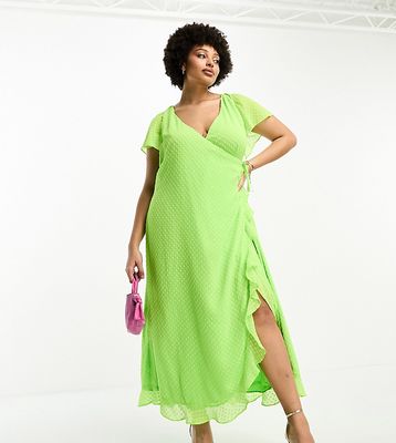 ASOS DESIGN Curve frill detail wrap maxi dress in bright lime texture-Green