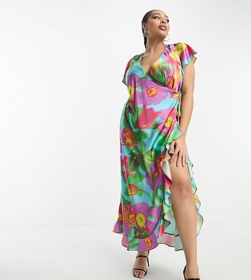 ASOS DESIGN Curve frill detail wrap maxi satin dress in large bold floral print-Multi