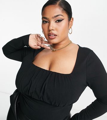 ASOS DESIGN Curve gathered bust detail long sleeve top in black