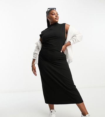ASOS DESIGN Curve grown on neck with ruched side midi dress in black-Green