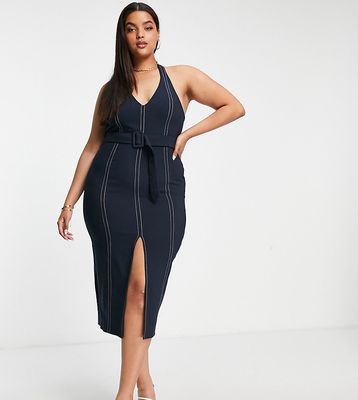 ASOS DESIGN Curve halter neck midi pencil dress with contrast stitching and belt in navy