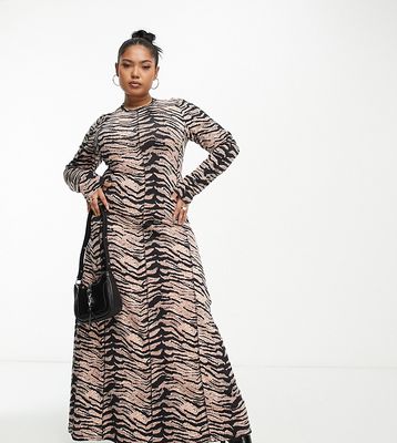 ASOS DESIGN Curve high neck midi dress with contrast stitch detail in animal print-Multi