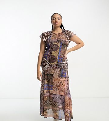 ASOS DESIGN Curve high neck mixed print short sleeve maxi tea dress-Multi
