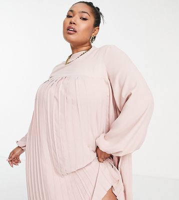 ASOS DESIGN Curve high neck pleated trapeze mini dress in blush-Pink