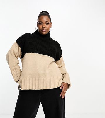 ASOS DESIGN Curve high neck sweater in color block in black and camel