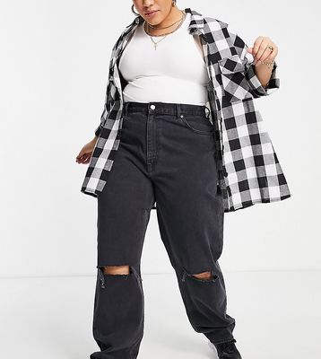 ASOS DESIGN Curve high waist slouchy mom jeans in washed black with rips