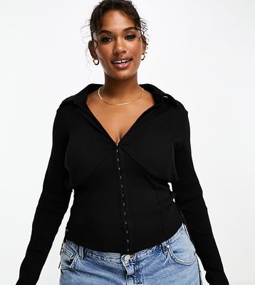 ASOS DESIGN Curve hook and eye ribbed lace up shirt in black
