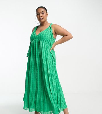 ASOS DESIGN Curve jacquard plaid plunge neck pleat midi dress with tie straps in emerald green