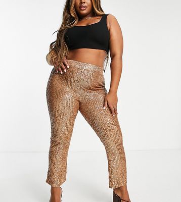 ASOS DESIGN Curve jersey sequin suit kick flare pant in rose gold