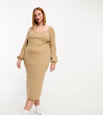 ASOS DESIGN Curve knit midi dress with sweetheart neck in taupe-Neutral