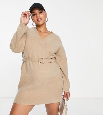 ASOS DESIGN Curve knit mini dress with belt in brown