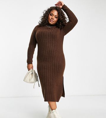 ASOS DESIGN Curve knitted midi dress with roll neck in brown