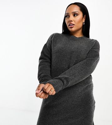 ASOS DESIGN Curve knitted sweater mini dress with crew neck in charcoal-Gray