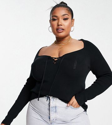 ASOS DESIGN Curve knitted top with sweetheart neck and lace up front detail in black