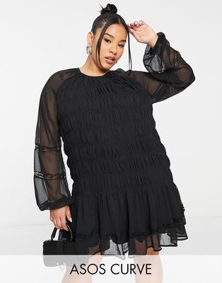 ASOS DESIGN Curve lace insert ruched mini smock dress in black