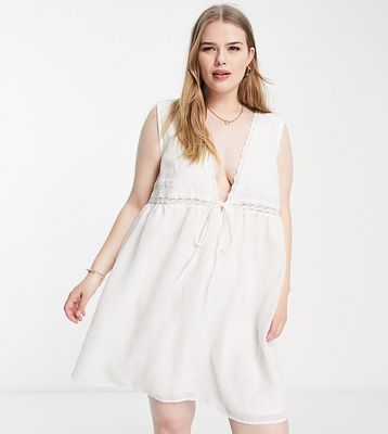 ASOS DESIGN Curve lace insert sleeveless embroidered mini sundress with tie detail in white
