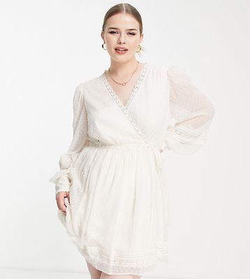 ASOS DESIGN Curve lace insert wrap mini dress in textured in cream-White