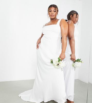 ASOS DESIGN Curve Layne satin square neck wedding dress with train in ivory-White
