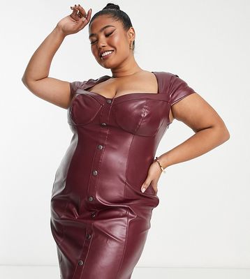 ASOS DESIGN Curve leather look corset mini dress in wine-Red