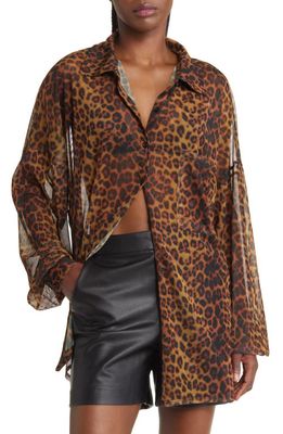 ASOS DESIGN Curve Leopard Print Mesh Button-Up Shirt in Brown