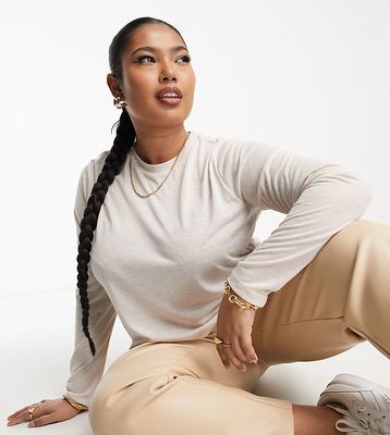 ASOS DESIGN Curve light weight marled boxy long sleeve top in oatmeal heather-Neutral