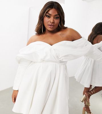 ASOS DESIGN Curve Lila satin structured off shoulder mini wedding dress with full skirt in ivory-White