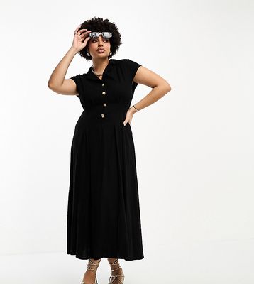 ASOS DESIGN Curve linen cap sleeve shirt midi dress with pin tucks in black