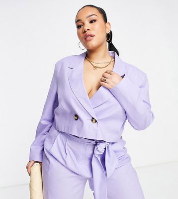 ASOS DESIGN Curve linen cropped suit blazer in lilac-Purple