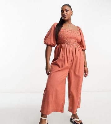 ASOS DESIGN Curve linen look shirred bodice puff sleeve jumpsuit in rust
